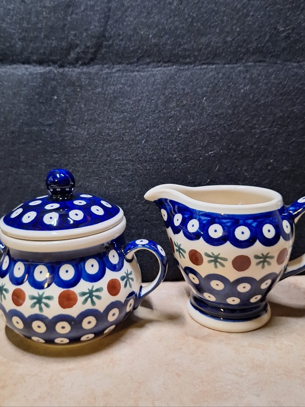 BOLESLAWIEC Polish Blue Rose Floral Motif Pottery Sugar & Creamer  Set 3.5"